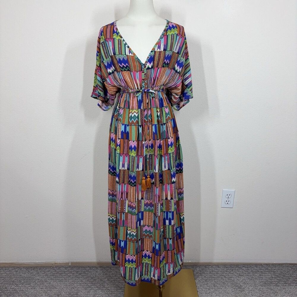 World Market Dress Womens S/M Geometric Kaftan Midi Boho Tassel Hippie Beach